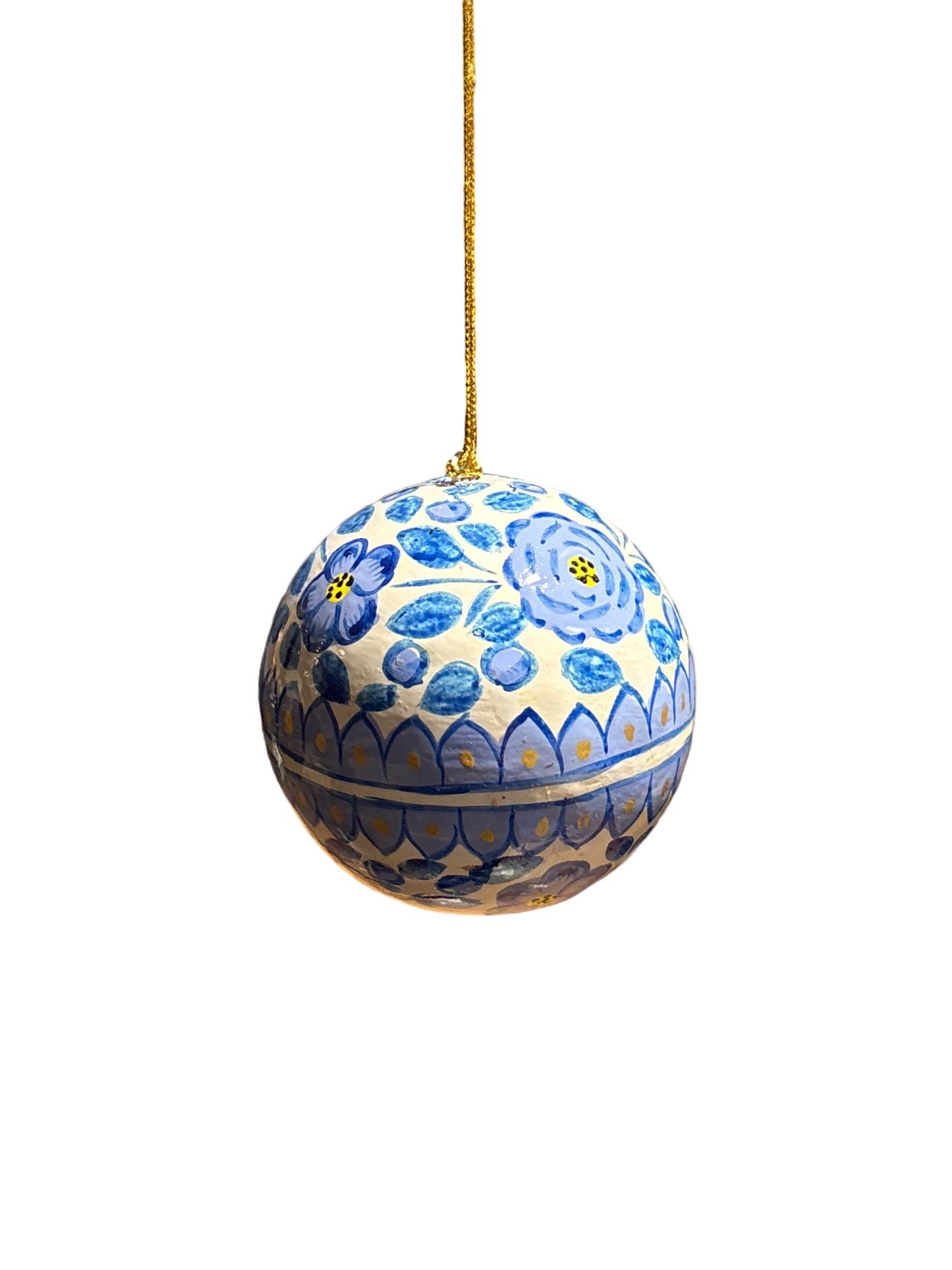 Blue and white papier mache bauble