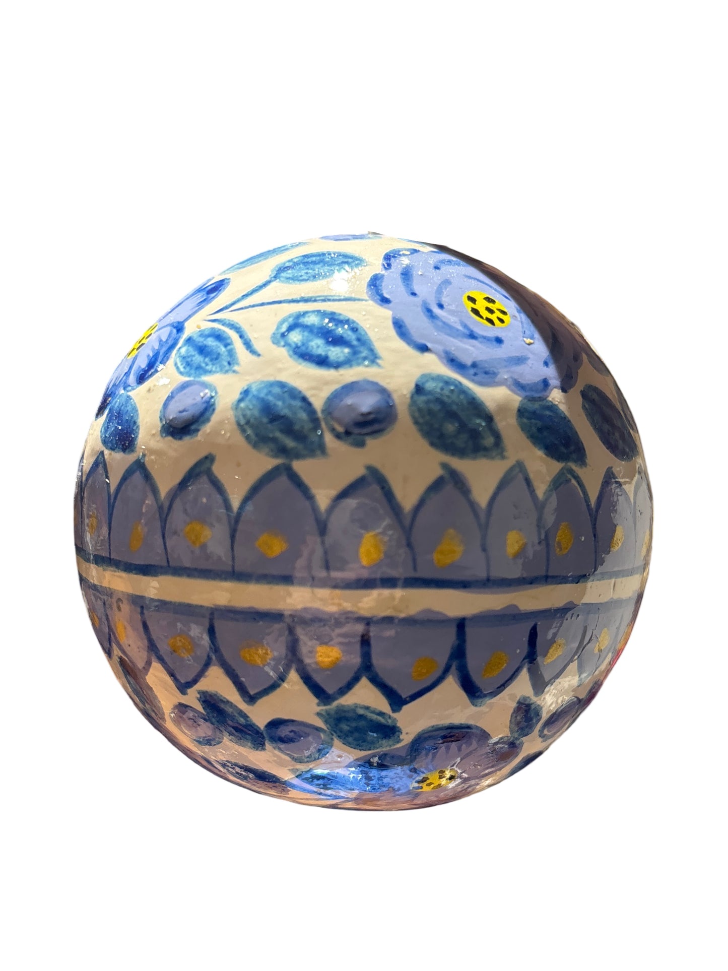 Blue and white papier mache bauble