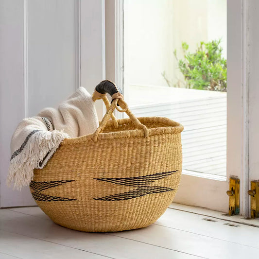 Leather Handled Gatherer Basket with Kite Design